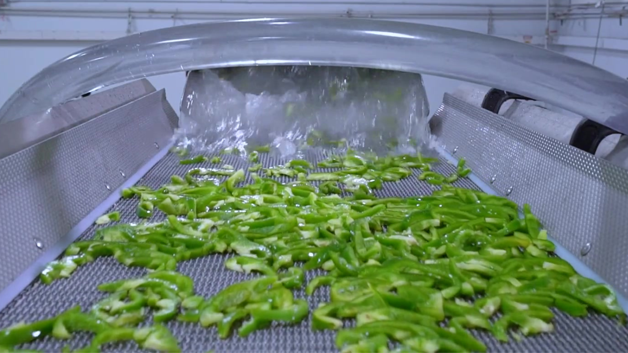 Bell pepper strips are cut on a Vanmark Compact Hydrocutting System.